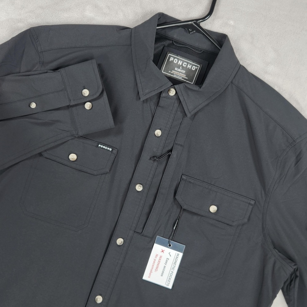 Poncho Shirt Mens Large Gray Slim Fit Magnetic Pockets Long Sleeve Button Up